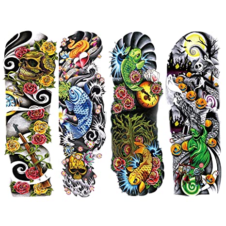 4 Sheets Extra Large Full Arm Temporary Tattoos - Colorful Skull Ghost Pumkin Carp Koi Flower Tree Gun For Men