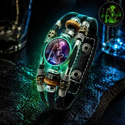 💥Last-Day Sale 59% OFF☪️Glow-in-the-Dark Leather Zodiac Sign Bracelet For Men and Women