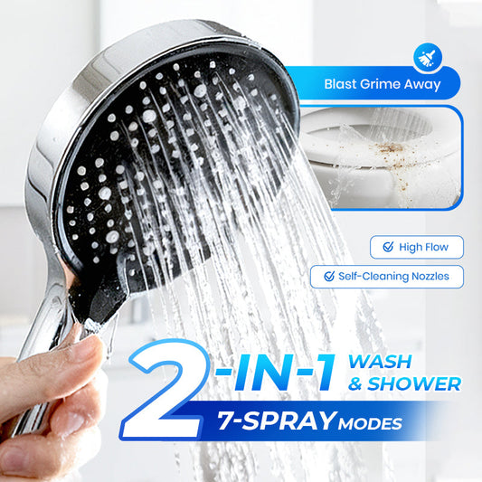 🚿50% OFF NOW! High‑Pressure Adjustable Rainfall Shower Head, 2‑In‑1 Wash & Shower Handheld Showerhead with 7 Spray Modes, Self‑Cleaning Nozzles High Flow Bathroom Shower Sprayer