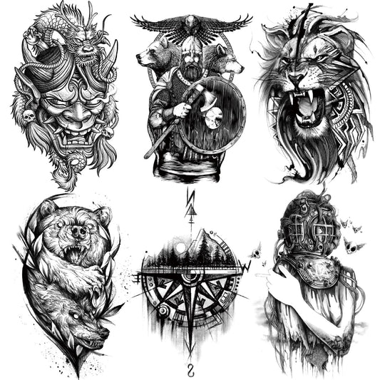 6 Sheets Arm Leg Temporary Tattoo - Compass Dragon Prajna Lion Bear Wolf Patronus Mountain