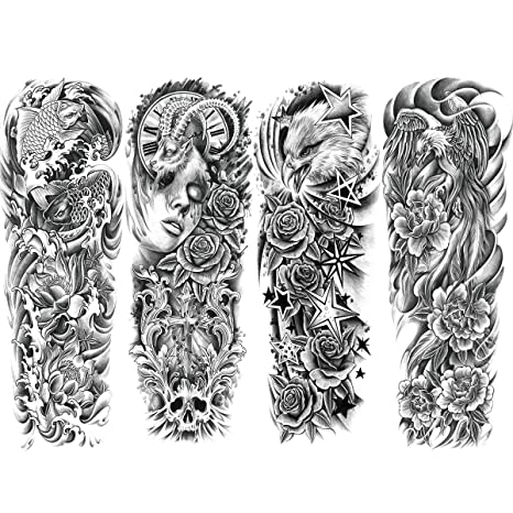 4 Sheets Large Full Arm Leg Temporary Tattoo - Koi Lotus Wave Flower Skull Cross Rose Goat Eagle Star