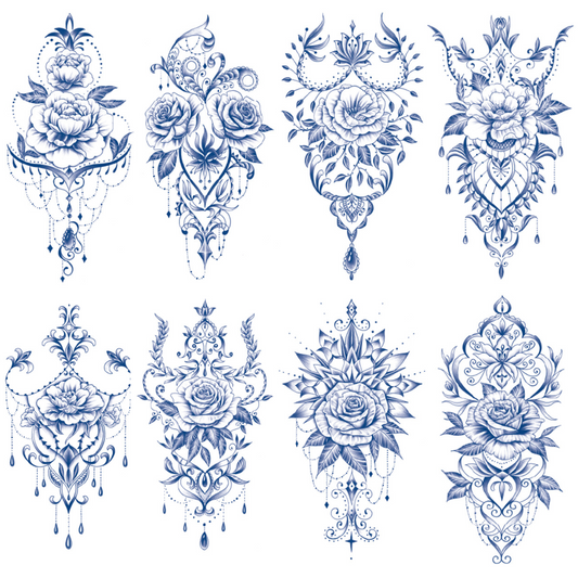 8 Sheets Flowers with Chain Half Arm Juice Ink Semi-Permanent Tattoo Lasts 15 days