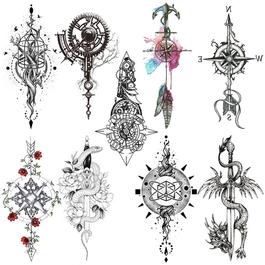 8 Sheets Black Arrow Compass Feather Dragon Anchor Sword Snake Tree Flower Temporary Tattoos for Arm