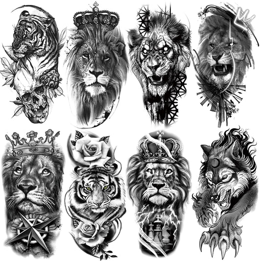 8 Sheets Waterproof Arm Leg Fake Temporary Tattoo - Lion Tiger Crown King Flower Wolf