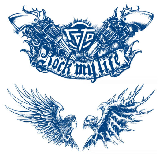 2 Sheet Rock Gun Angel Skull Chest Shoulder Semi Permanent Tattoos