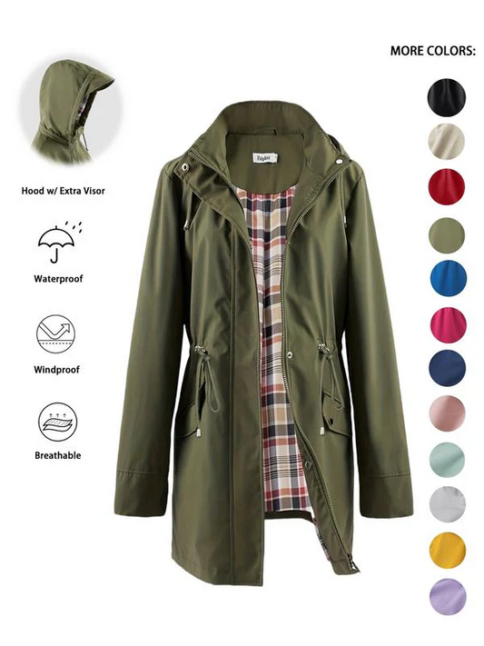 Long Hooded Drawstring Waist-Cinching Zipper Windbreaker