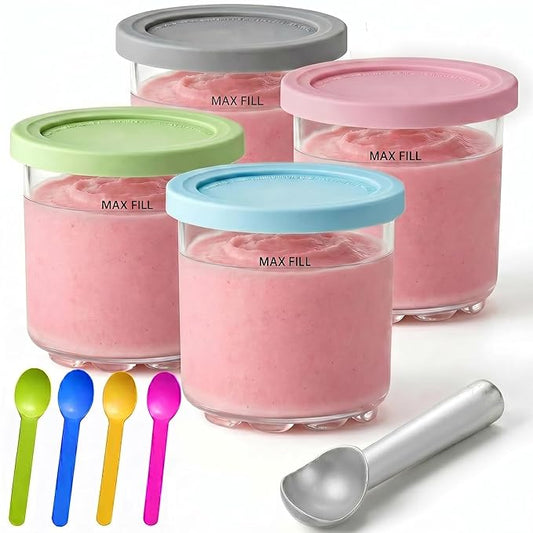 Creami Pints and Lids for Ninja - 4 pack Creamy Icecream Containers Cups Jars Tubs Canisters Set, Smoothie Pot Compatible with NC299AMZ & NC300s Series Creamer Ice Cream Maker Machine Accessories
