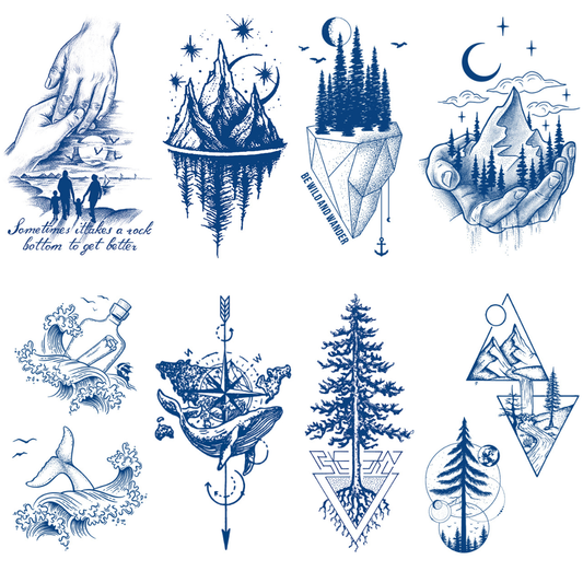 8 Sheets Mountain View Tree Forest Path Half Arm Juice Ink Semi-Permanent Tattoo Lasts 15 days