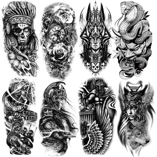 8 Sheets Waterproof Arm Leg Fake Temporary Tattoo - Indian Skull Snake Egypt Anubis Flower Compass Prajna Greek Myth Soldier
