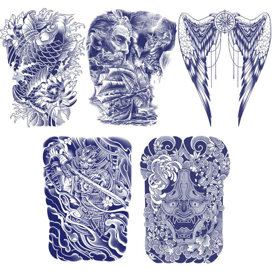 1 Sheet Fish God Viking Wing Samurai Full Back Semi-Permanent Tattoos