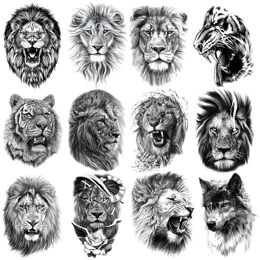 12 Sheets Black Fierce Tiger Lion Wolf Temporary Tattoos