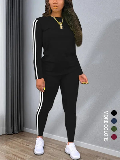 Women's Striped Print Long Sleeve Top & Pants Two-piece Set, Casual Fashion Cozy Round Neck Top & Trousers for Daily Outdoor Wear, Ladies Clothes【buy 2 Free Shipping】