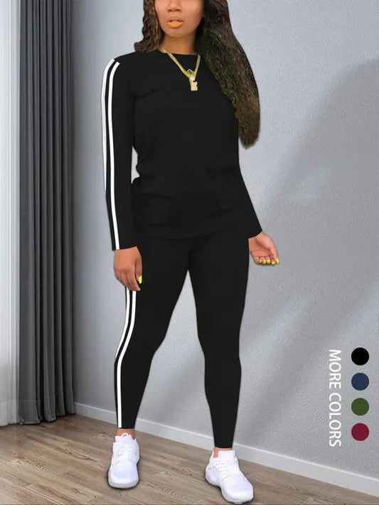 Women's Striped Print Long Sleeve Top & Pants Two-piece Set, Casual Fashion Cozy Round Neck Top & Trousers for Daily Outdoor Wear, Ladies Clothes【buy 2 Free Shipping】