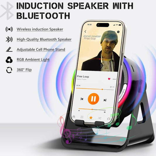 ✨2026 New arrival 55% OFF!🎵4-in-1 Wireless Induction Speaker with RGB Lights & Phone Stand | 360° Rotating Design