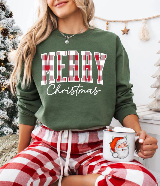 🎄“Merry Christmas” Plaid Graphic Sweatshirt