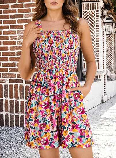 ⏰Hot Sale 49% Off💃Women's Summer Sleeveless Loose Casual Short Smocked Romper With Pockets