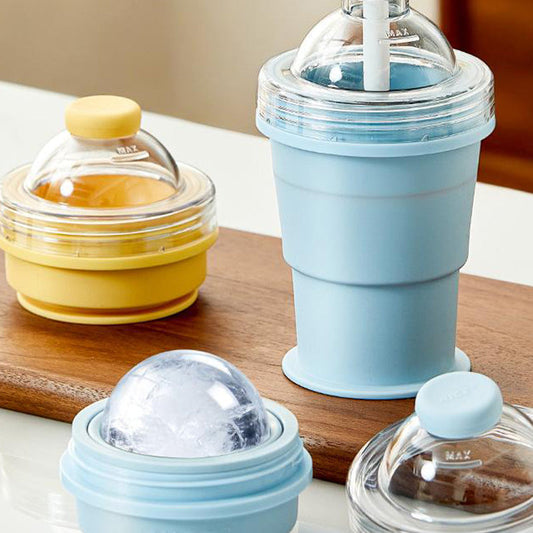 ⏰Limited-time 50% off🥤2-in-1 Foldable Silicone Ice Cup 🧊 | Makes XL Ice Balls for Iced Coffee & Cocktails ☕🍹 | Leak-Proof Drinking Cup with Straw (BPA-Free) ✅