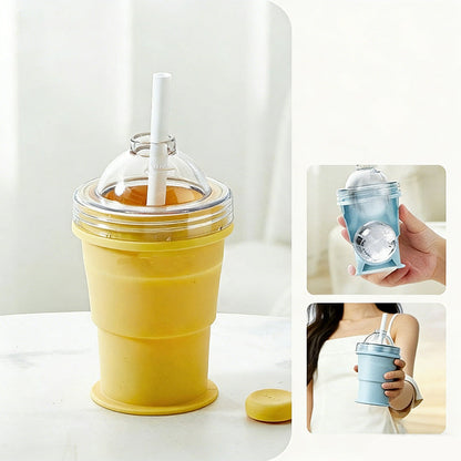 ⏰Limited-time 50% off🥤2-in-1 Foldable Silicone Ice Cup 🧊 | Makes XL Ice Balls for Iced Coffee & Cocktails ☕🍹 | Leak-Proof Drinking Cup with Straw (BPA-Free) ✅