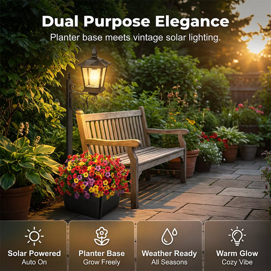 🌿☀️ Outdoor Solar Garden Light with Planter Base – 2-in-1: Solar Lamp + Flower Pot. Auto On/Off at Dusk, Waterproof, Warms Up Your Patio, Deck or Pathway with Greenery & Glow! 🌸💡✨