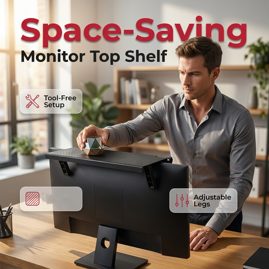 🖥️🔧 No-Drill Adjustable Screen Top Shelf – Clips Onto Monitor/TV, Holds Webcam, Speaker, Action Figures. Saves Desk Space, No Tools Needed! ✨📦💪